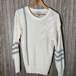 Vintage 90’s White Silver Striped Beaded Sequin Embroidered Holiday Glam Sweater